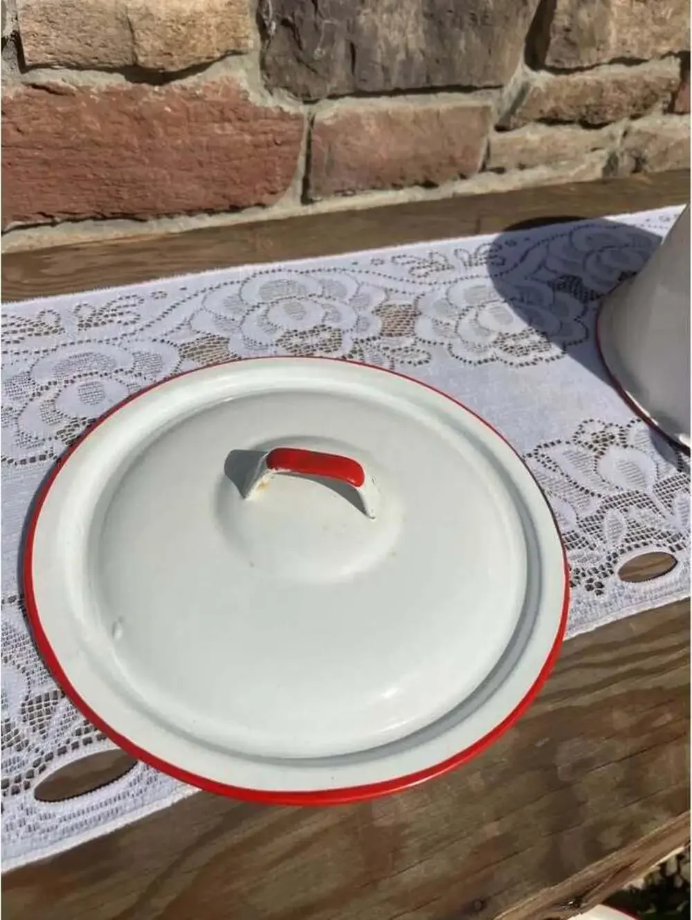 Vintage White Enamelware Pot with Lid & Basin Set Red Trim Farmhouse Cookware